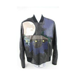 Kenzo Men's Large Limited Black Leather Moon Patch Jacket 124k17